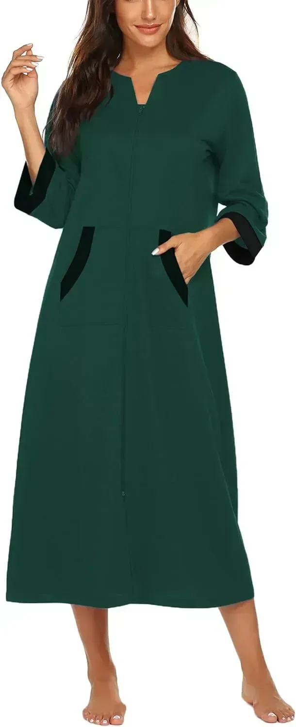 Women Zipper Robe 3/4 Sleeves Loungewear Dress Full Length Sleepwear Pockets Housecoat Nightgown Long Bathrobe