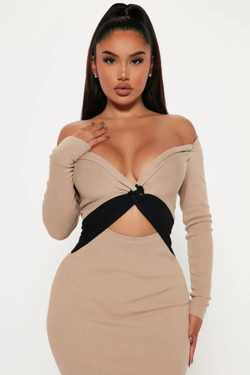 Think of U Sweater Midi Dress - Taupe/combo