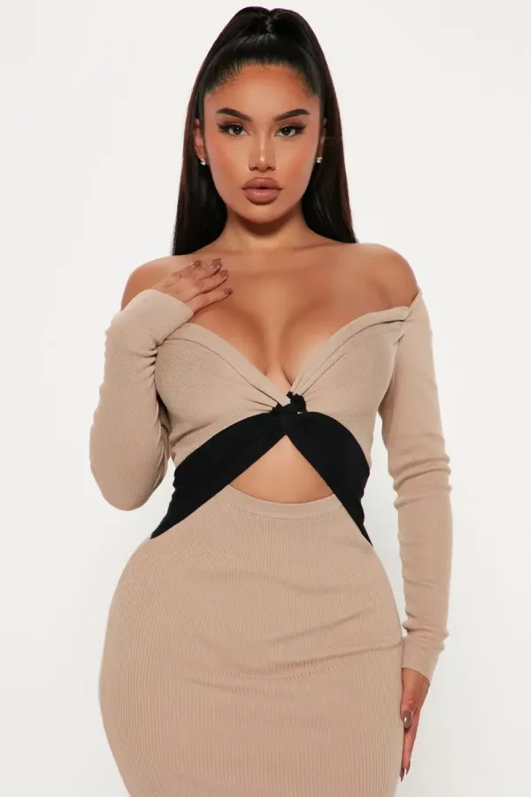 Think of U Sweater Midi Dress - Taupe/combo