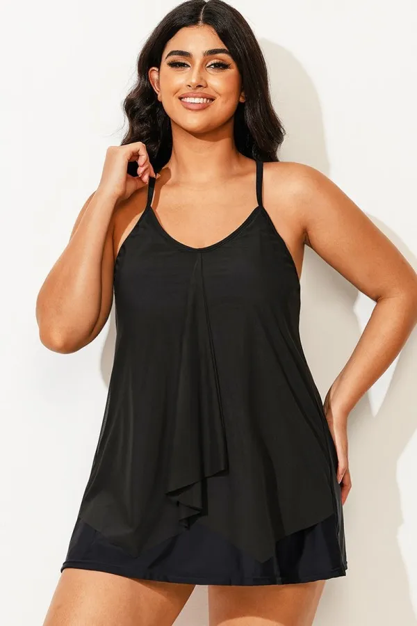 Plus Size Black Longer Length Mesh Swimdress