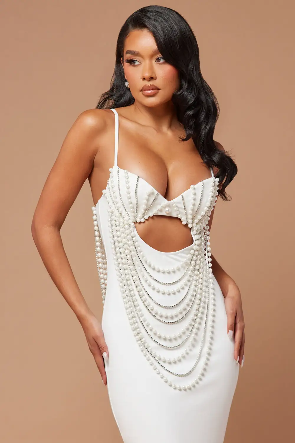 Ariel Pearl Embellished Midi Dress - White