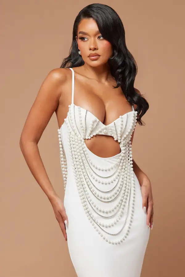 Ariel Pearl Embellished Midi Dress - White