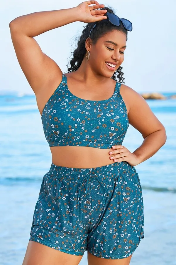 Plus Size Round Neck Black Patchwork Bikini Top