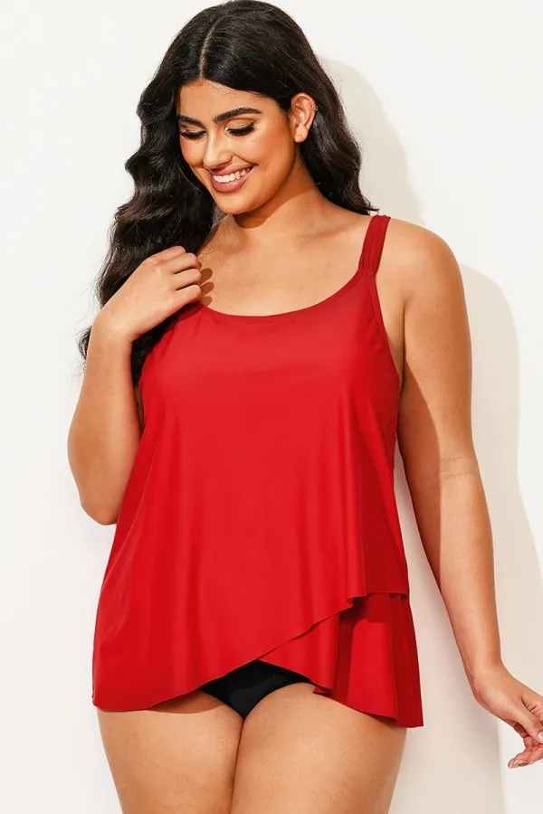 Solid Red Flowy Front Full Straight Back Tankini Top