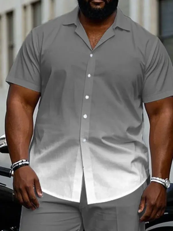 Men'S Plus Size Business Gray Gradient Short Sleeve Shirt Trousers Suit