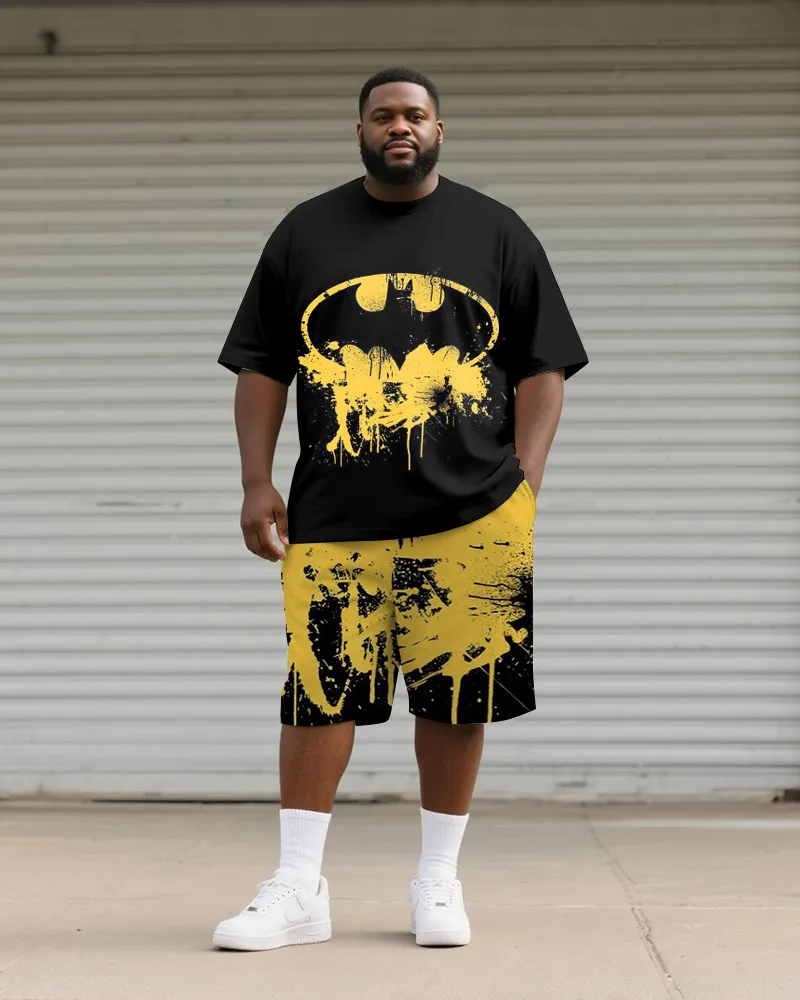Big Tall Men'S Yellow Graffiti Teeth Print Round Neck Short Sleeve T-Shirt Shorts Suit