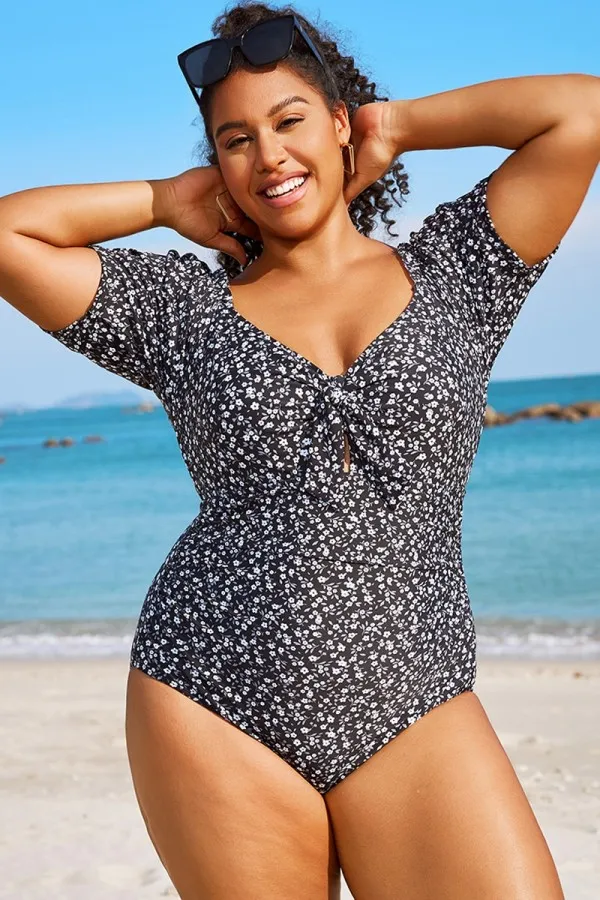 Floral Printed Short Sleeve One Piece Swimsuit