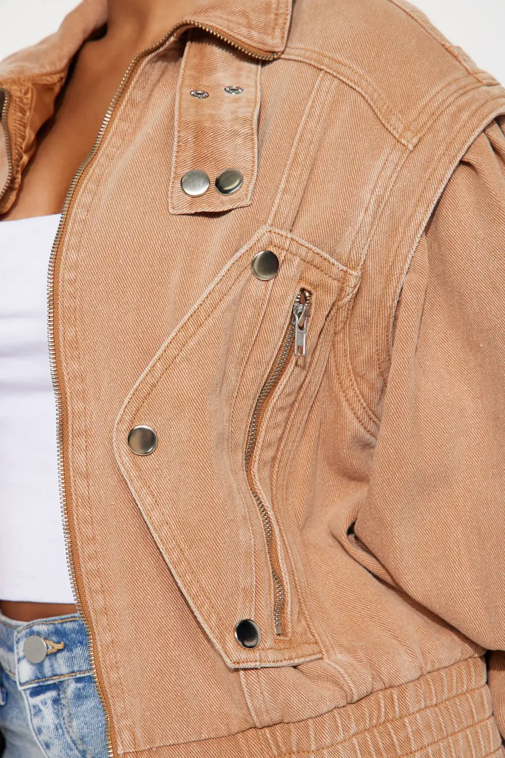 Just Like Magic Non Stretch Denim Moto Jacket - Tan