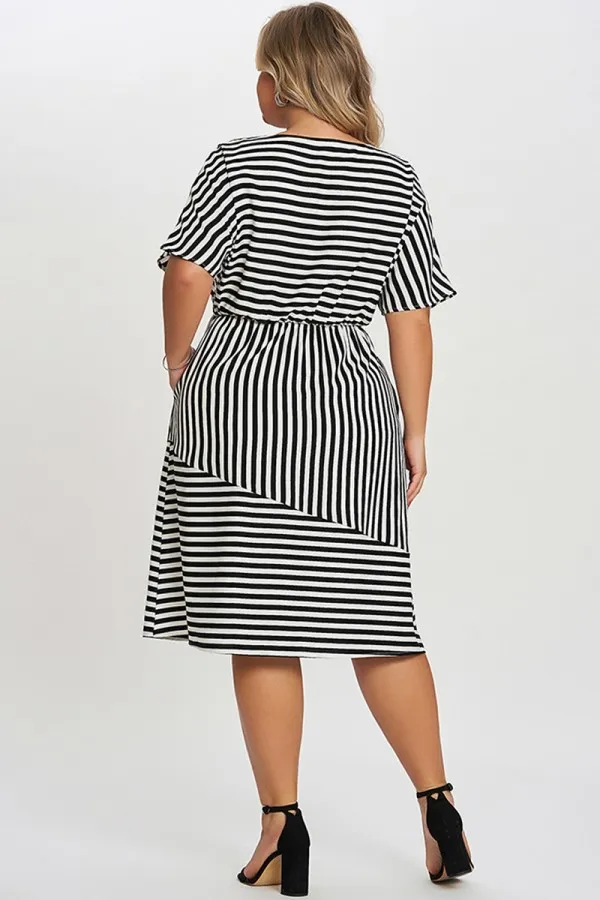 Striped Elasticized Waistband Slit Pocket Shirtdress