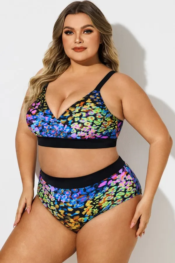Plus Size V-Neck Neon Leopard Print Bikini Top