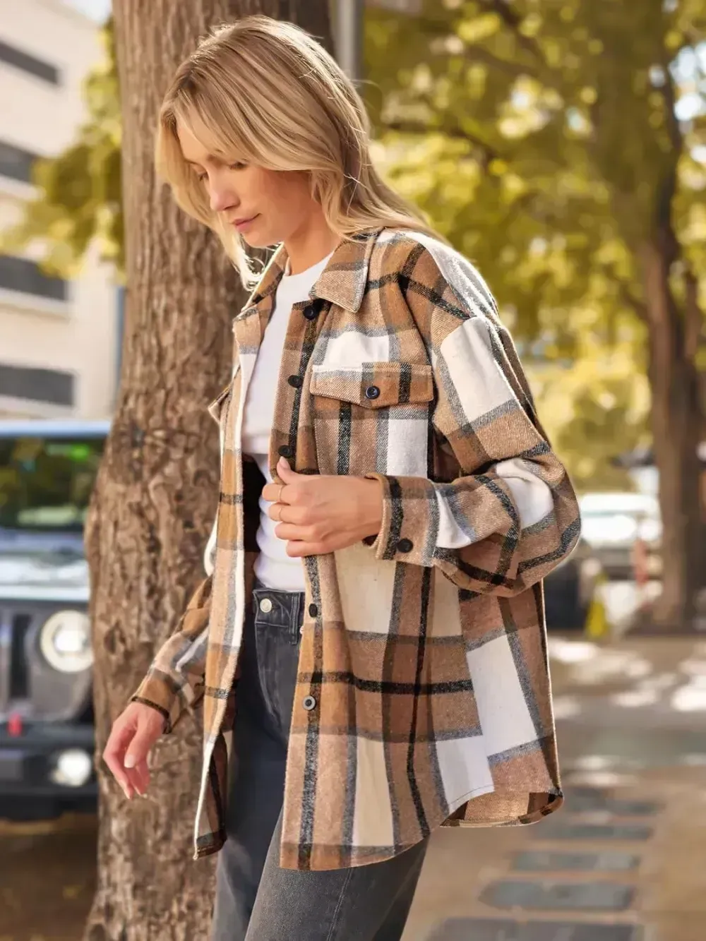 Womens Casual Plaid Shacket Button Down Long Sleeve Shirt