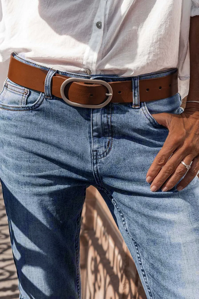 Roll Hem Mid Waist Crop Straight Leg Jeans Without Belt