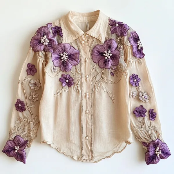 Women's Purple Floral Embroidered Linen Blend Vintage Shirt