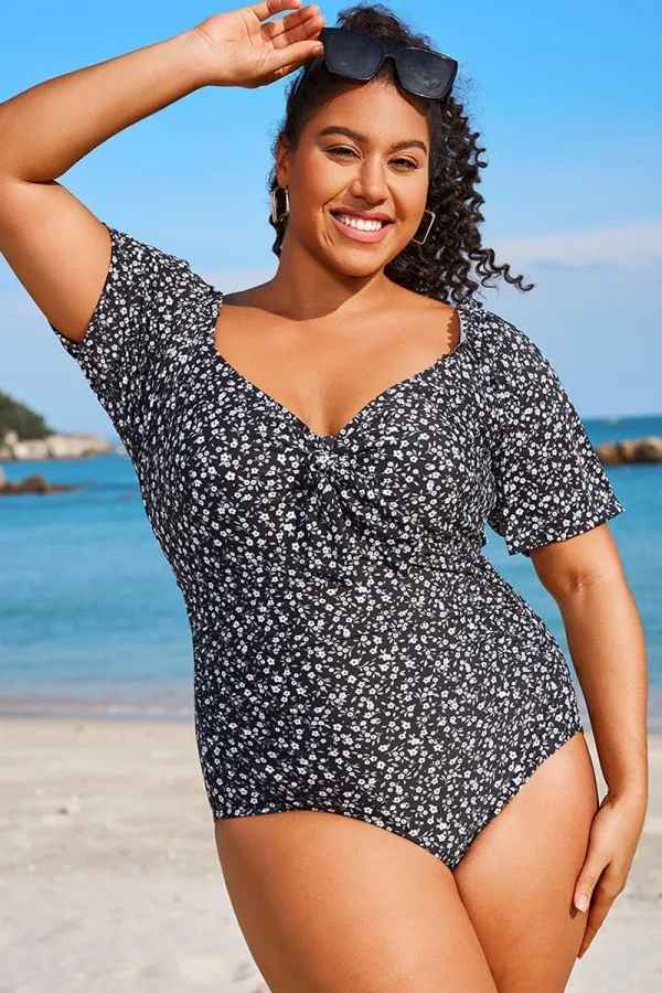 Floral Printed Short Sleeve One Piece Swimsuit