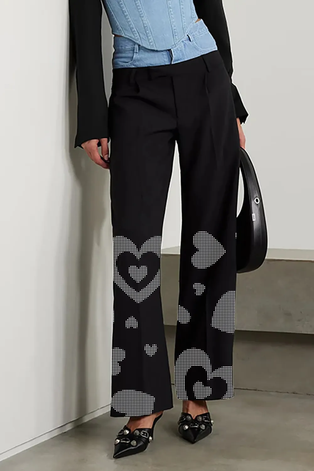 Unique Bicolor Double Waist High Rise Straight Leg Full Length Hybrid Pants