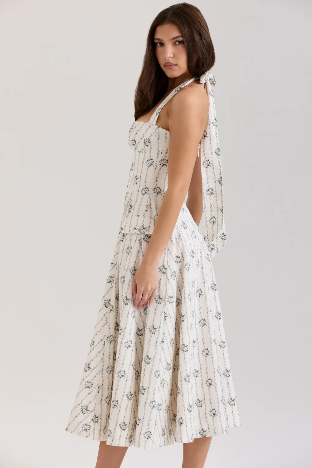 Red Stretch Cotton Button Halter Neck Midi Dress