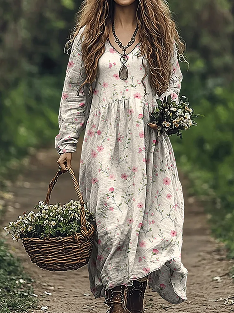 Vintage Wildflowers Floral Art Linen Blend Maxi Dress