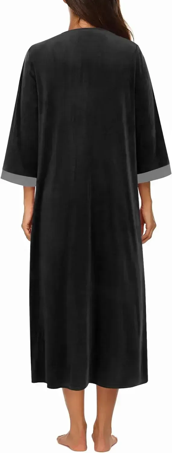 Women Zipper Robe 3/4 Sleeves Loungewear Dress Full Length Sleepwear Pockets Housecoat Nightgown Long Bathrobe