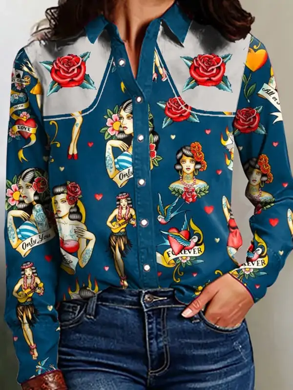 Women's Vintage Western Art Print Casual Linen Blouse