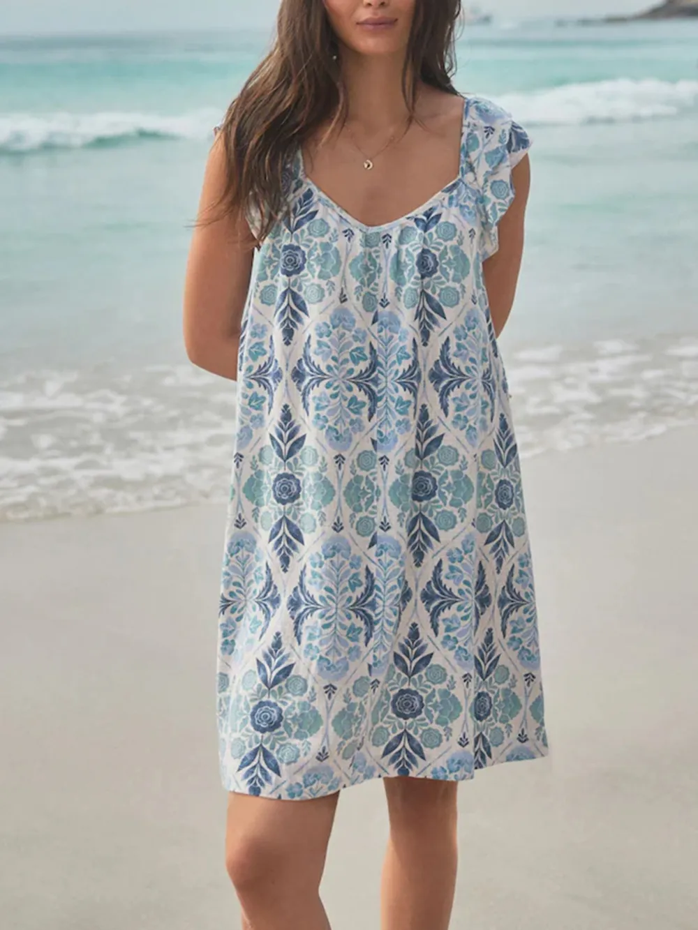 Leisure Loose Blue Floral Print V-Neck Dress
