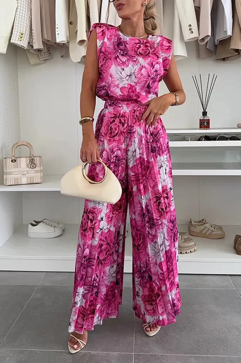 Women'S Stylish Casual Comfortable Top And Pleated Wide Pants Two-Piece Set