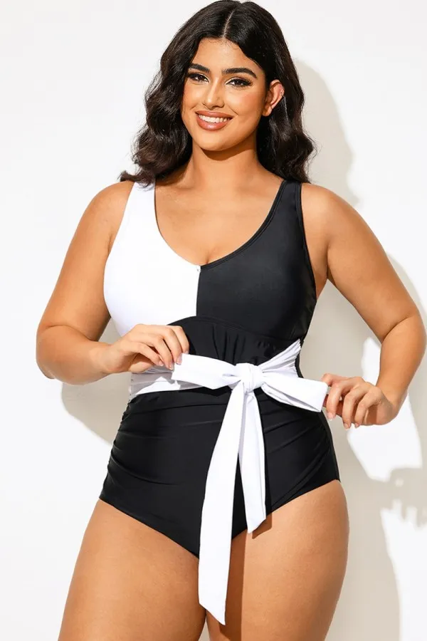 Black And White Adjustable Straps Self-tie One Piece Swimsuit
