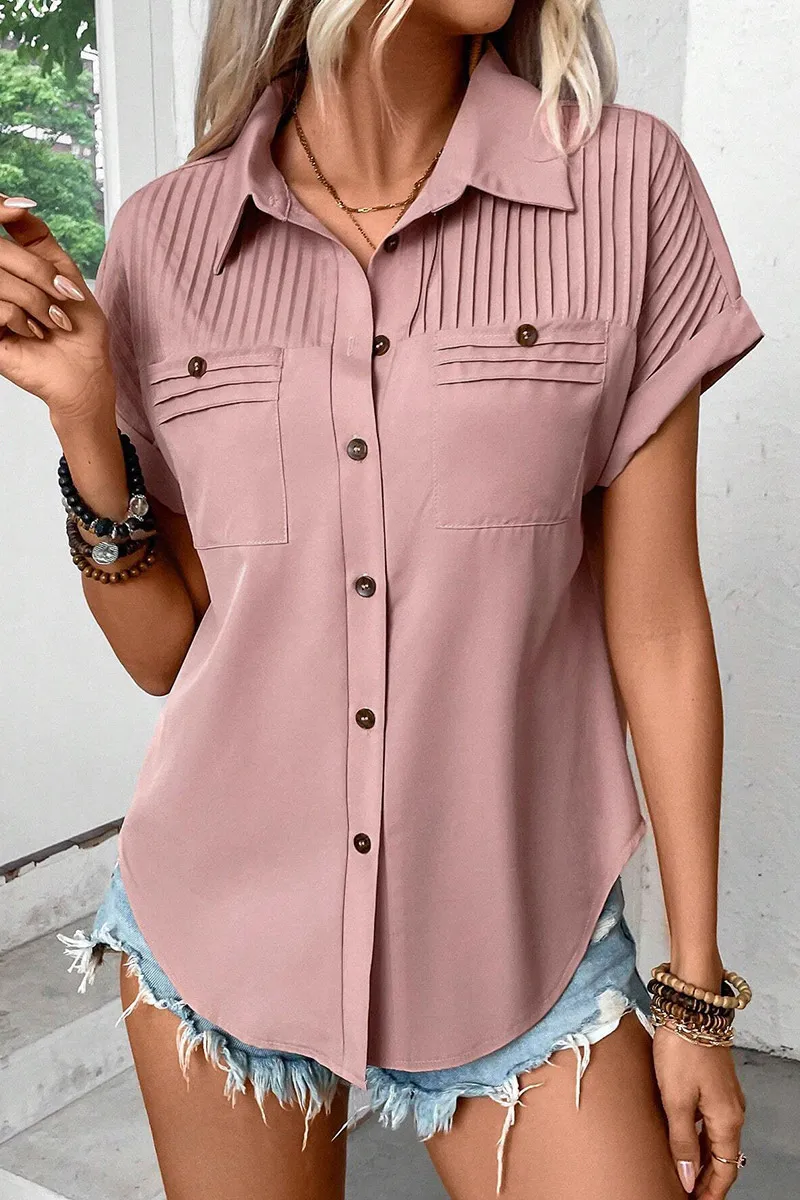 Solid Pleated Dual Pocket Short Sleeve Shirt
