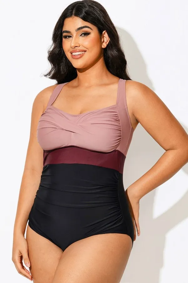 Plus Size Contrast Twist Front Skinny One Piece Swimsuit
