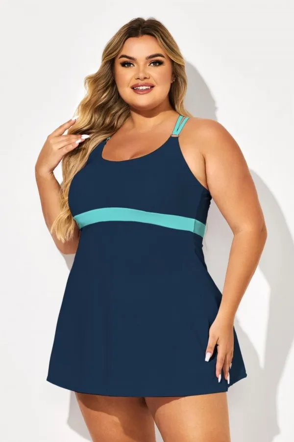 Plus Size Blue Colorblock Crossback Swimdress