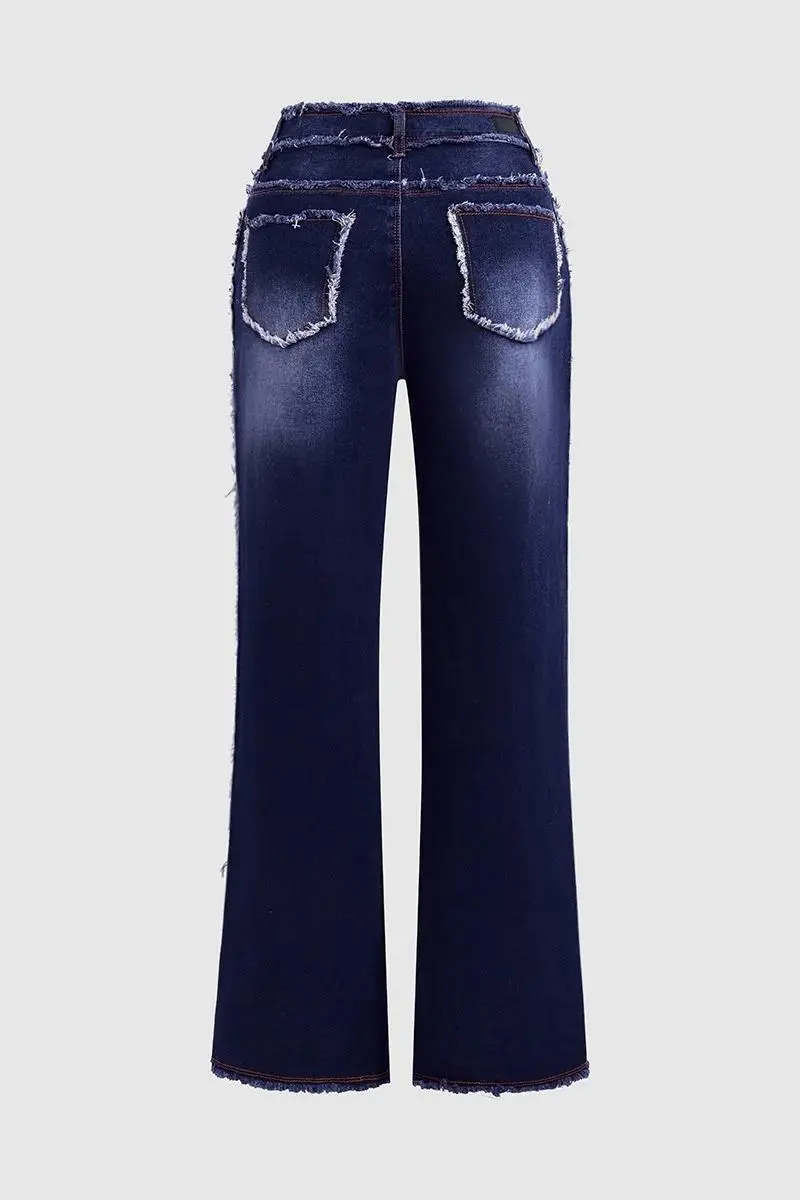 Raw Hem Wash High Stretch Mid Waist Flare Jeans