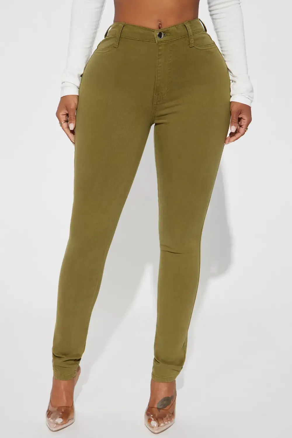 Classic Color High Waist Skinny Jeans - Olive
