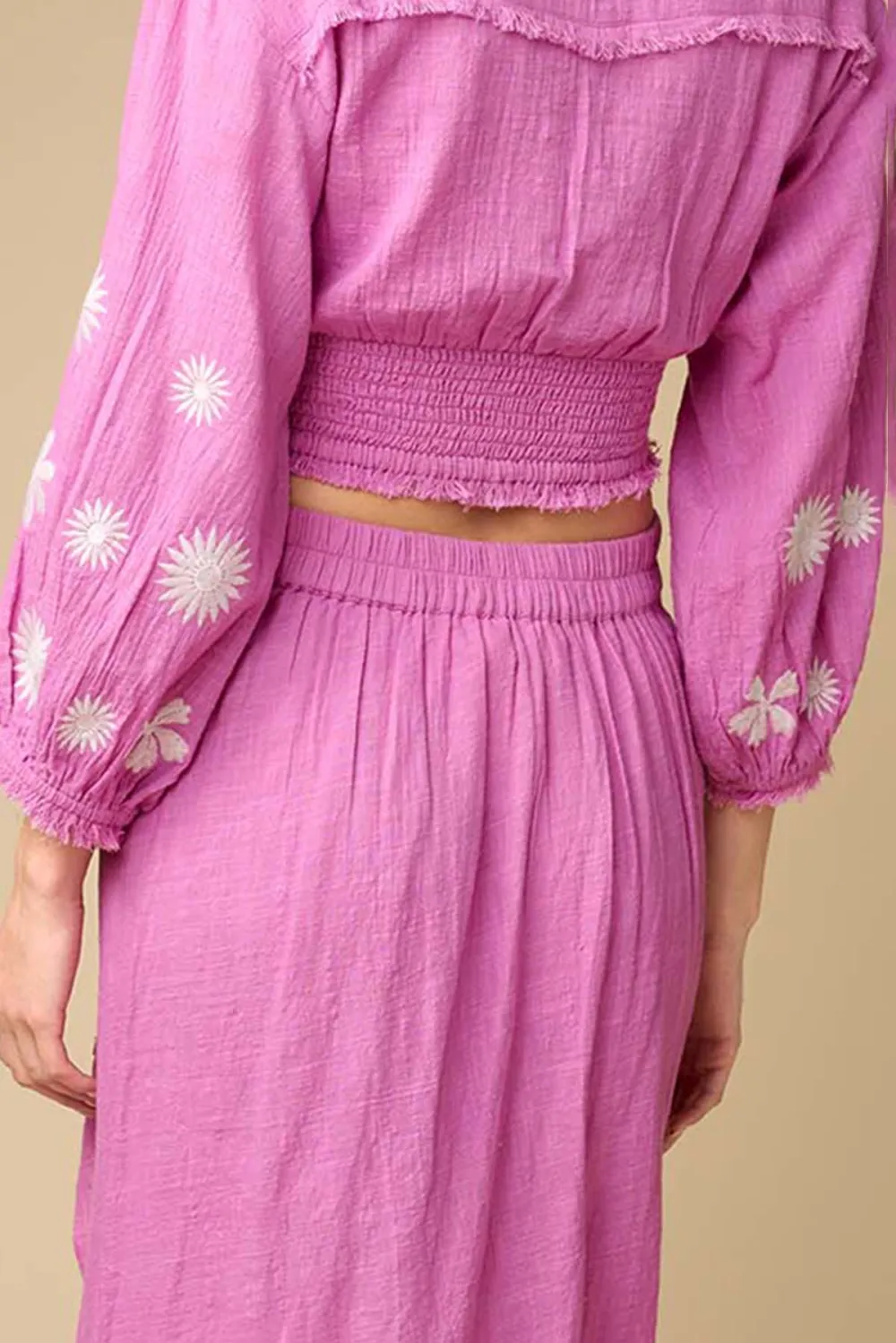 Hot Pink Smocked Detail V Neck Crop Top