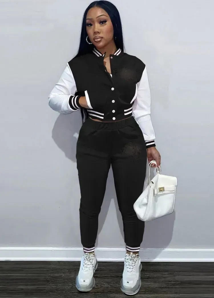 Fall Sports Print Black Baseball Jacket and Sweatpants 2PC Tracksuit