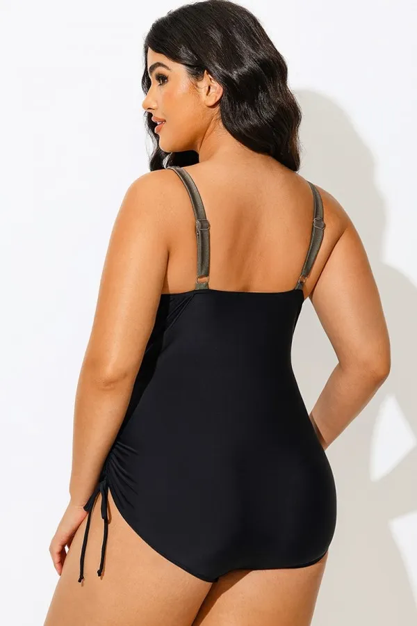 V-Neck Green Colorblock One Piece Swimsuit