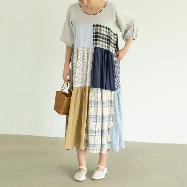 Women’s Vintage Plaid Patchwork Art Mixi Dress