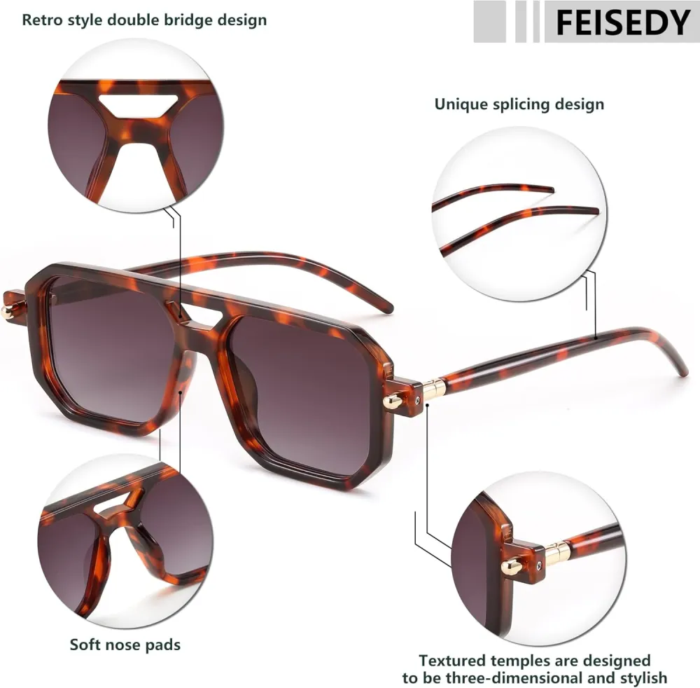 FEISEDY Vintage Square 70s Flat Aviator Sunglasses Women Men Classic Retro Stylish Frame UV400 Sunglasses B2622