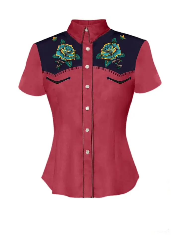 Vintage Blue Rose Printed Western Shirt