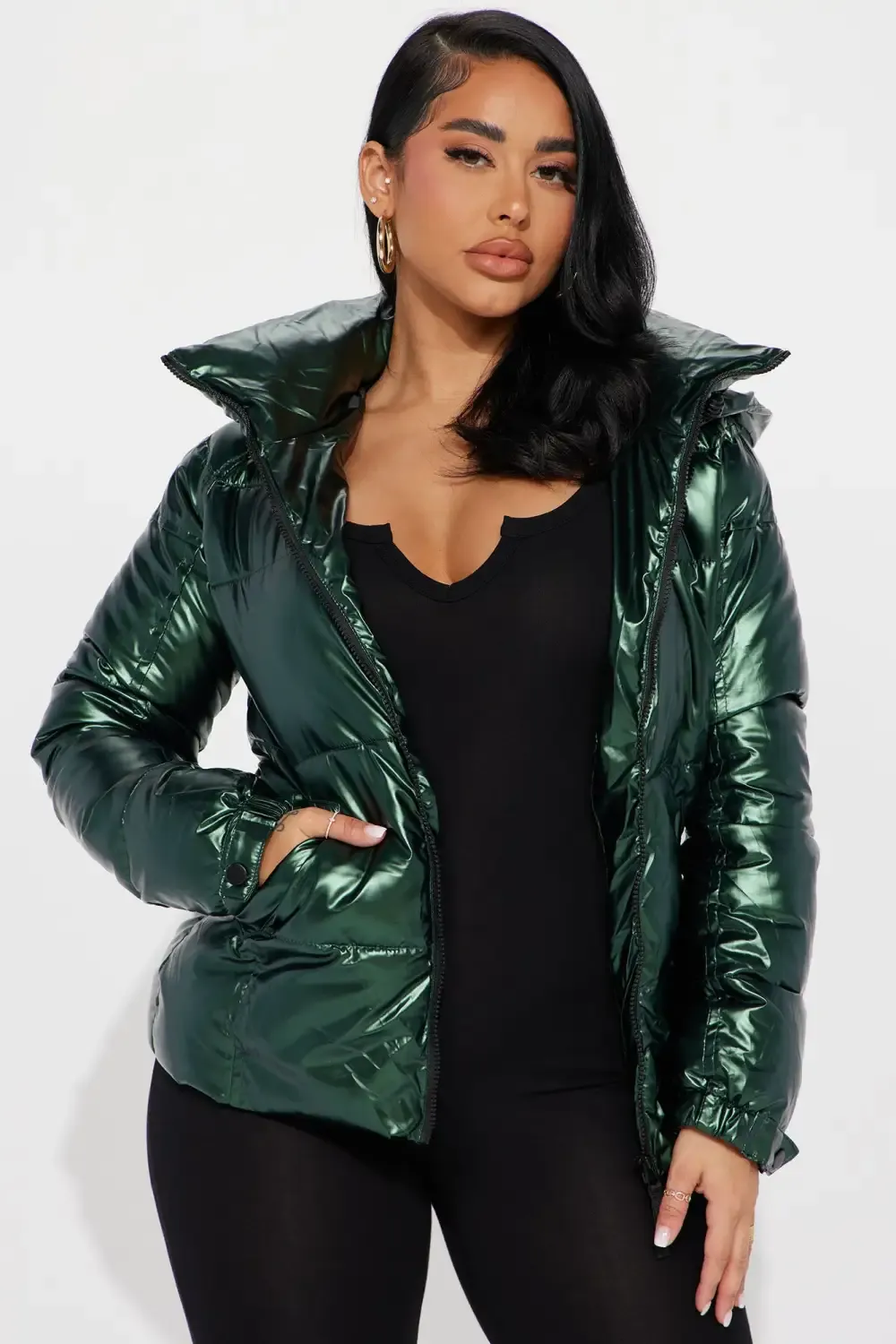I Need Space Metallic Puffer Jacket - Green