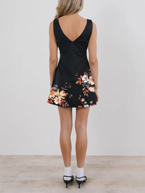 Mini Dress In Satin Black With Ivory Bow