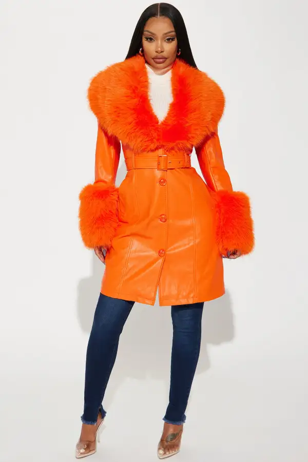 High Class Fur Trim Coat - Orange