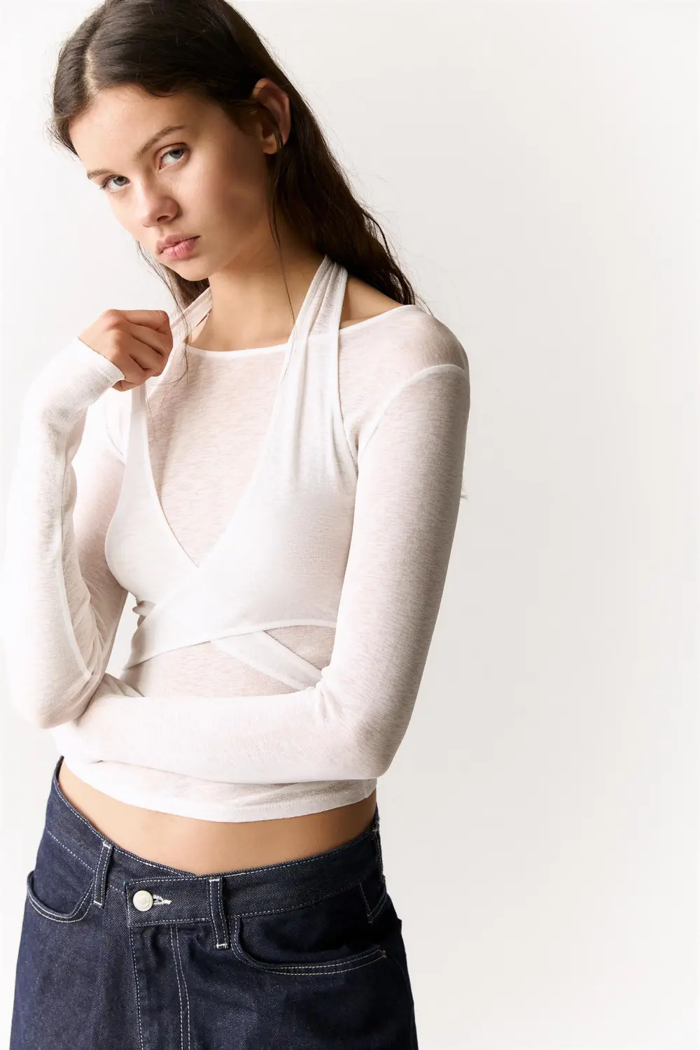 Double-layer top with crossover neckline