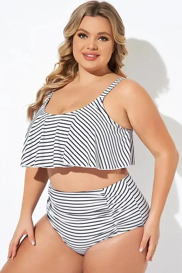 Black and White Stripes Scoop Neck Bikini Top