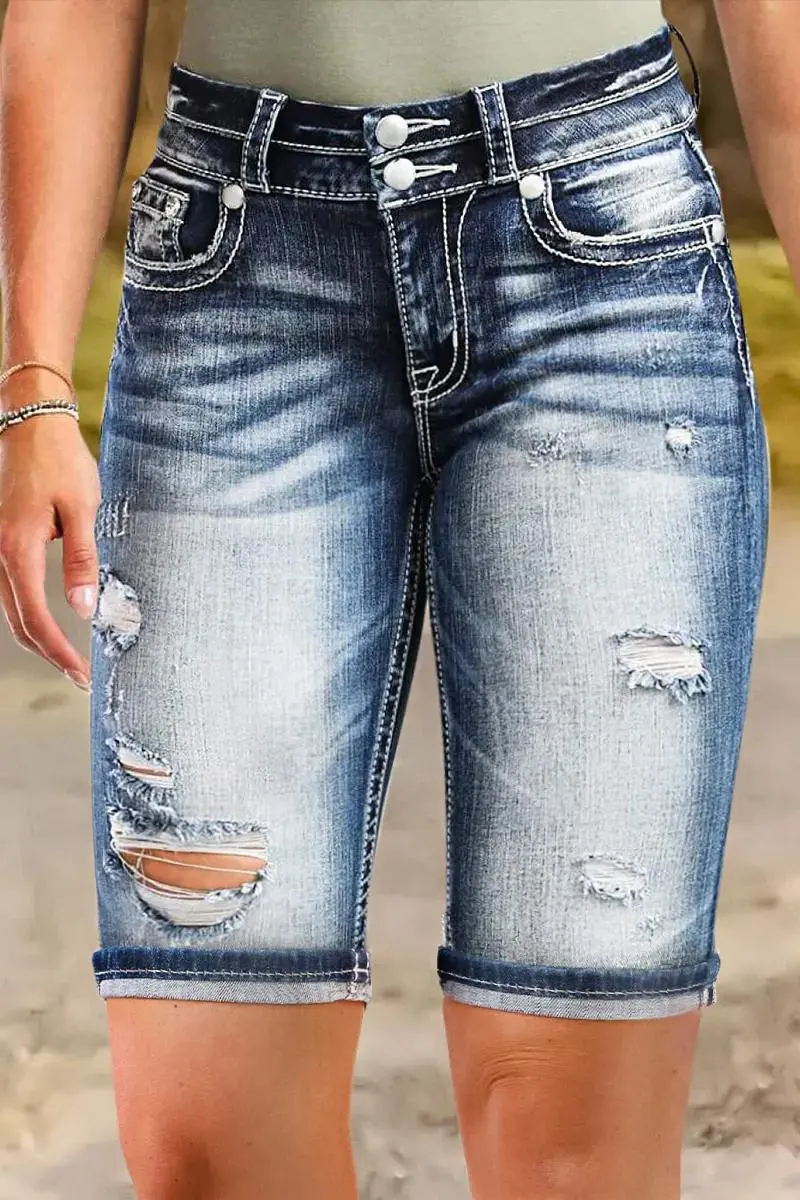 Ripped Roll Hem Double Button Mid Waist Denim Bermuda Shorts