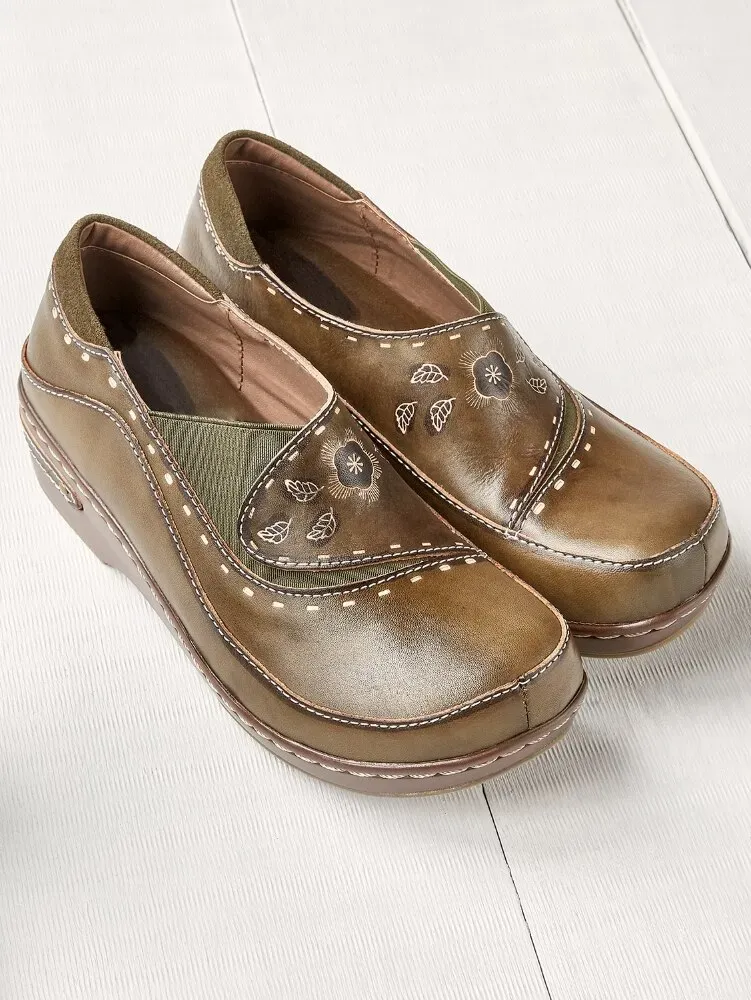 Women's Brushstrokes And Blossoms Leather Clogs