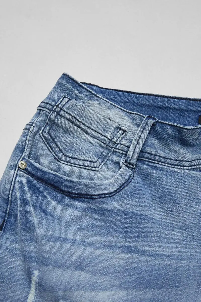 Ripped Roll Hem Double Button Low Waist Straight Leg Jeans