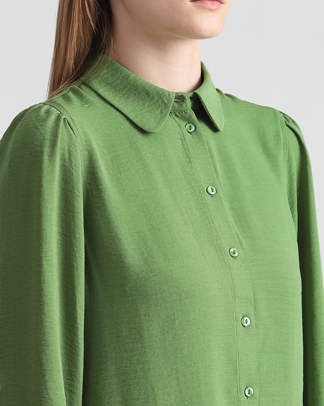 Green Puff Sleeve Textured Shirt with Butterfly Embroidery
