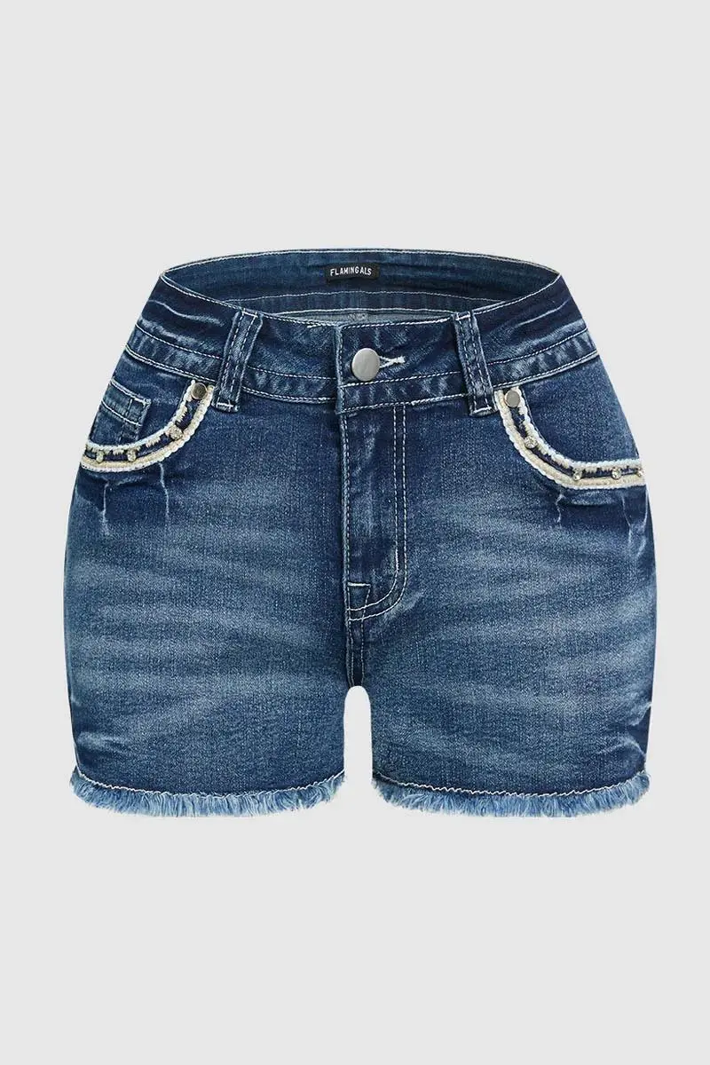 Bull & Floral Embroidered Raw Hem Mid Rise Denim Shorts