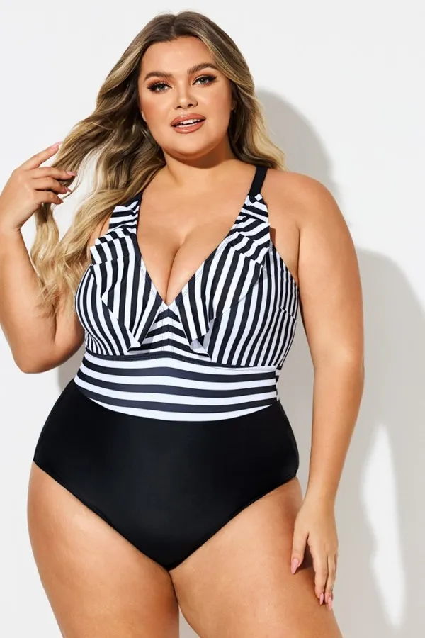 Plus Size Stripe Ruffle Trim V-Neck One Piece Swimsuit