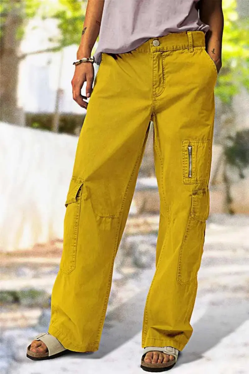Zip Detail Flap Pocket Cargo Mid Waist Straight Leg Pants