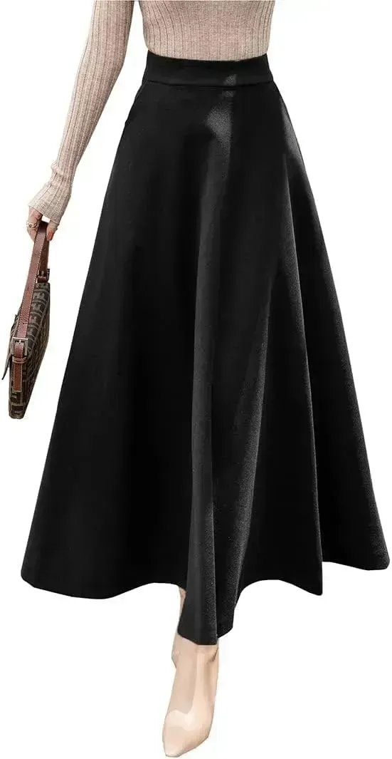 Women's Winter Elegant Warm Long Skirt Wool Maxi Skirts Elastic Waist A-Line High Waist Plaid Pleated Skirt S-3XL